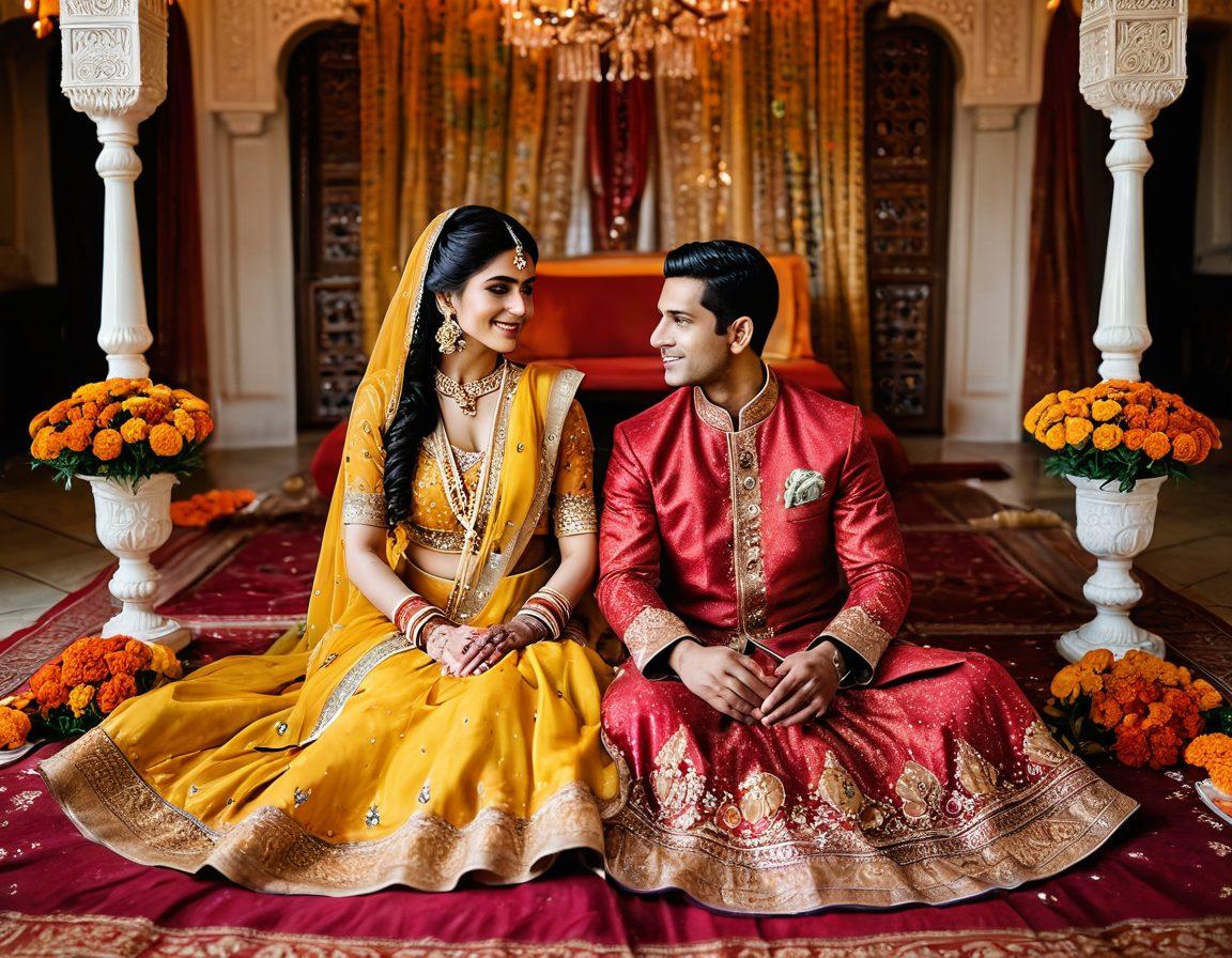A vibrant Indian wedding scene depicting a couple surrounded by colorful marigold flowers and intricate henna designs, showcasing traditional attire like a lehenga and sherwani. Include ornate decorations and soft lighting to evoke romance and intimacy, highlighting sensual gestures between the couple. Celebrate cultural elements such as a festive feast in the background and traditional music instruments. super-realistic. vibrant colors. intricate details.