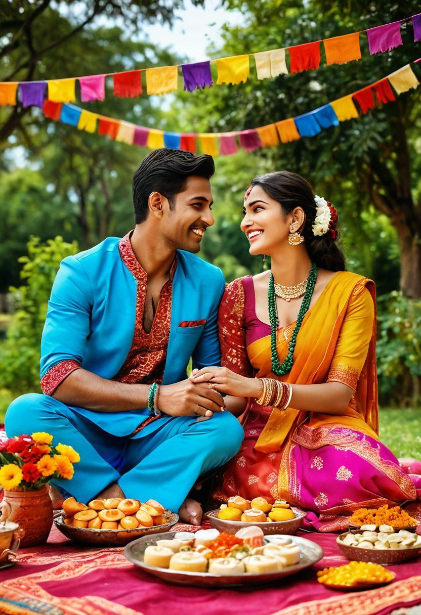 A vibrant and colorful scene depicting a joyful couple celebrating their love in a lively outdoor setting. Incorporate traditional Desi elements such as colorful fabrics, festive decorations, and a table of delicious Indian sweets. Add cheerful expressions on their faces, surrounded by nature, symbolizing warmth and togetherness. Emphasize the cultural richness and happiness in relationships. vibrant colors. 3D. festive atmosphere.