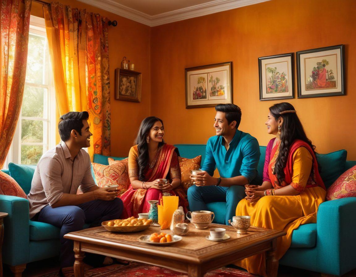 A cozy living room scene featuring two South Asian couples engaging in joyful conversation over tea and snacks, adorned with vibrant traditional decorations. Sunlight filters through colorful curtains, illuminating their smiles and gestures of intimacy. Nearby, a decorative wall filled with framed moments showcases their love story. super-realistic. warm colors. inviting atmosphere.